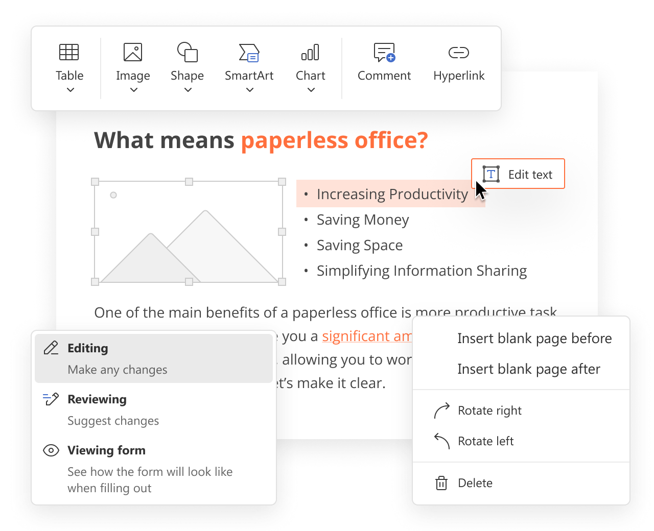 Edit text and images directly inside PDF pages.